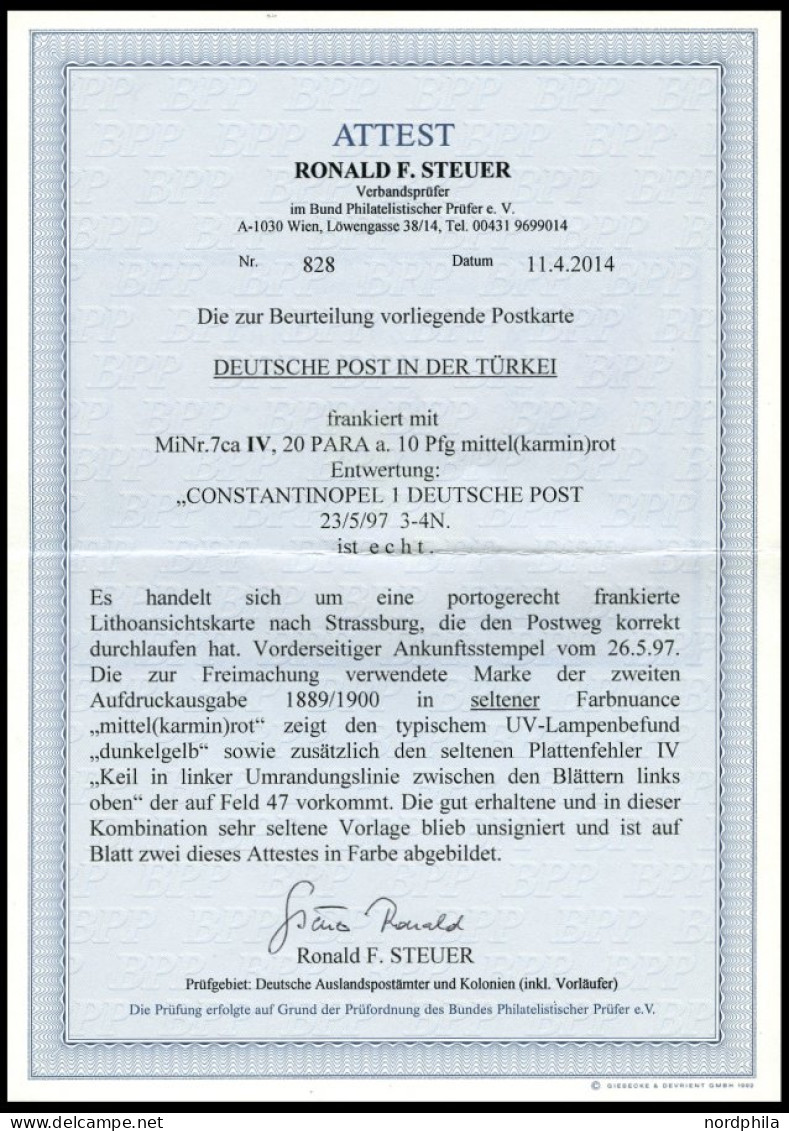 DP TÜRKEI 7caIV BRIEF, 1897, 20 PA Auf 10 Pf. Mittelrot, Dunkelgelb Quarzend, Mit Seltenem Plattenfehler Keil In Linker  - Deutsche Post In Der Türkei