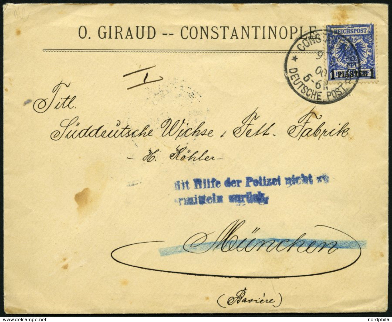 DP TÜRKEI 8d BRIEF, 1897, 1 PIA. Auf 20 Pf. Violettultramarin, Stempel CONSTANTINOPEL 1a, Auf Brief Nach München Mit Bla - Turquie (bureaux)