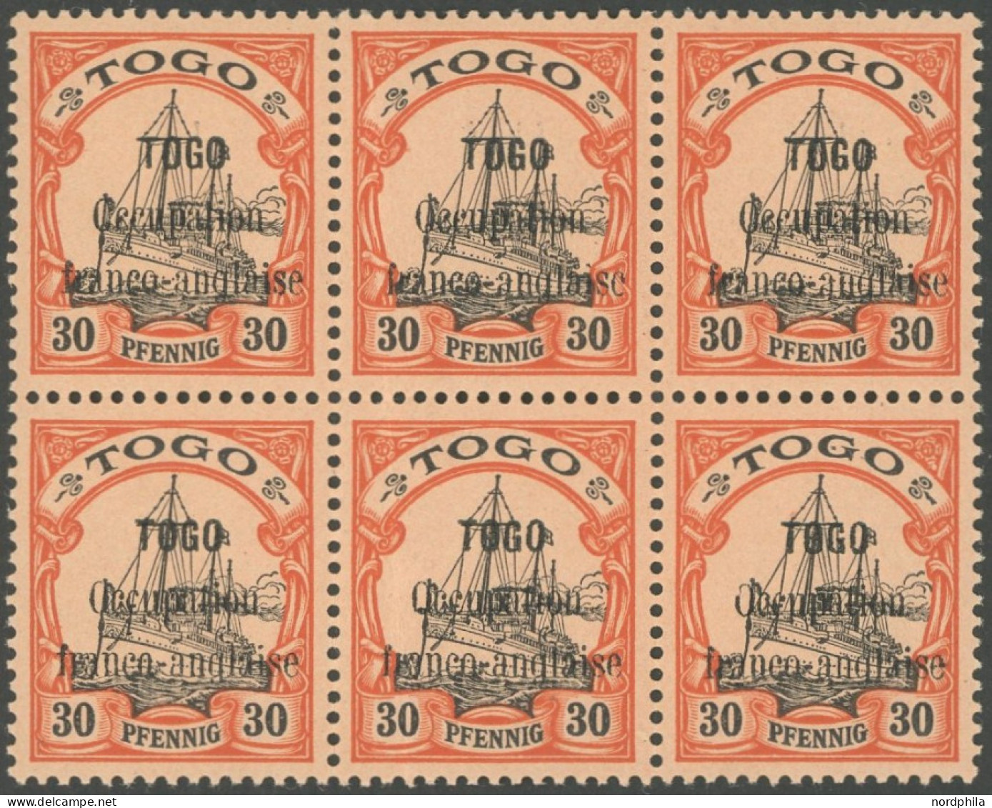 TOGO 5 , Französische Besetzung: 1914, 30 Pf. Rötlichorange/rotschwarz Auf Mattgelblichorange Im Sechserblock, Postfrisc - Togo