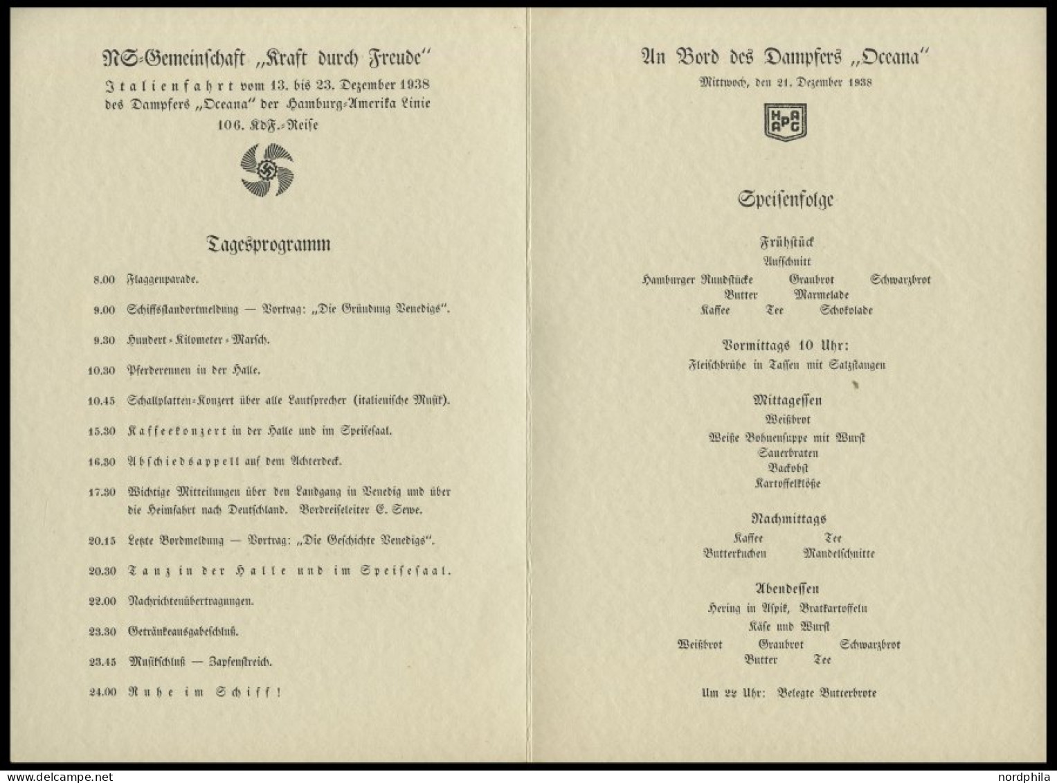 DEUTSCHE SCHIFFSPOST 1938, KDF- Tagesveranstaltungskarte Vom 24. 12., Inklusive Speisenfolge Von Bord Der OCEANA , Feins - Maritime