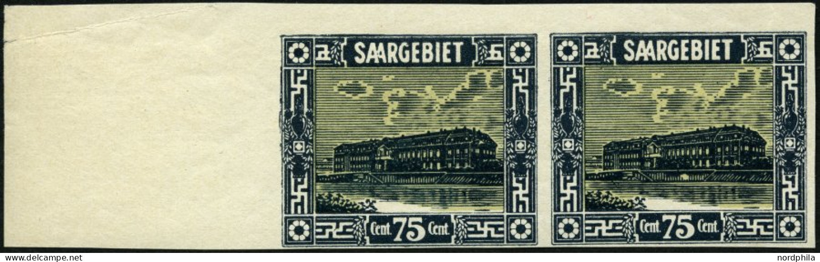 SAARGEBIET 101U Paar , 1923, 75 C. Steingutfabrik, Ungezähnt, Im Waagerechten Randpaar, Rechte Marke Mit Abart Scheinwer - Sonstige & Ohne Zuordnung