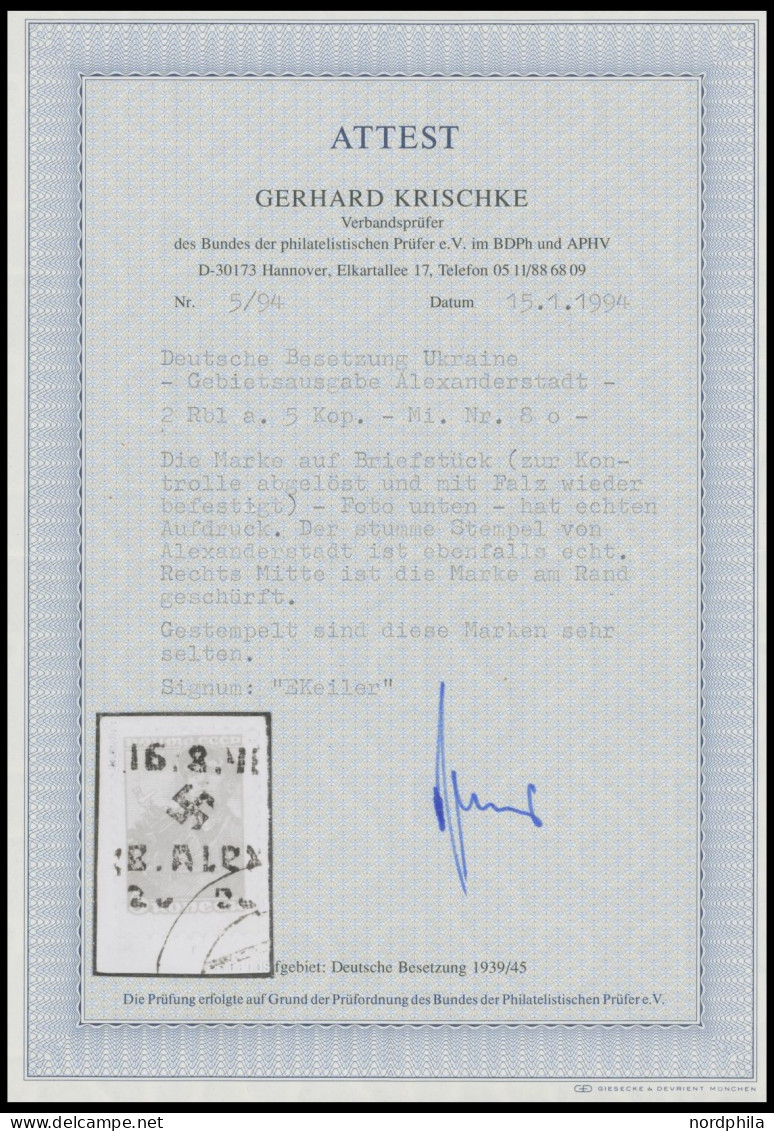 UKRAINE 8 BrfStk, 1942, 2 Rbl. Auf 5 K. Bräunlichrot Auf Briefstück, Marke Zur Kontrolle Gelöst Und Mit Falz Befestigt,  - Occupation 1938-45