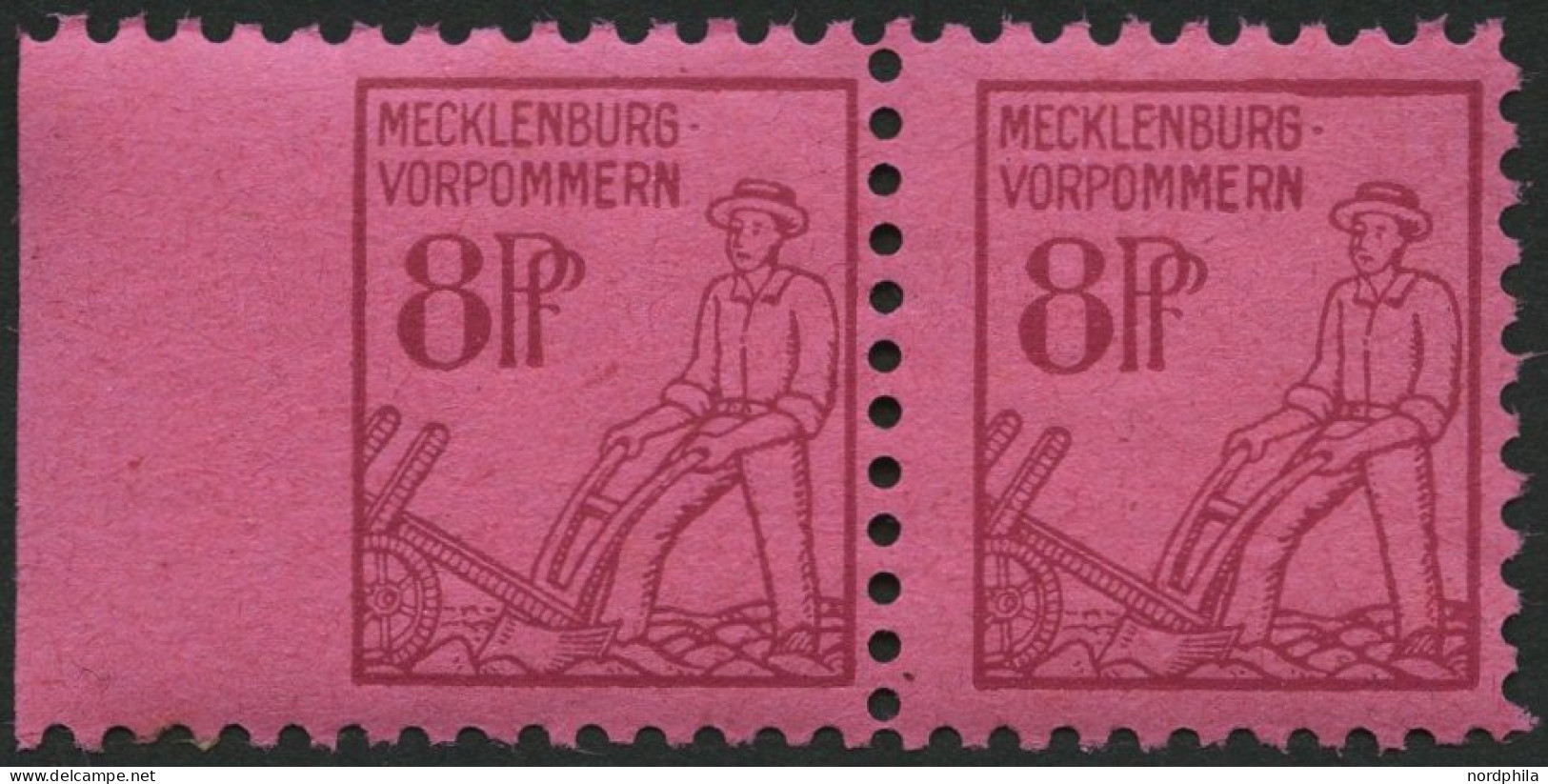 MECKLENBURG-VORPOMMERN 11xaUl , 1945, 8 Pf. Magenta Auf Lilarosa, Links Ungezähnt, Im Waagerechten Paar Mit Normaler Mar - Other & Unclassified