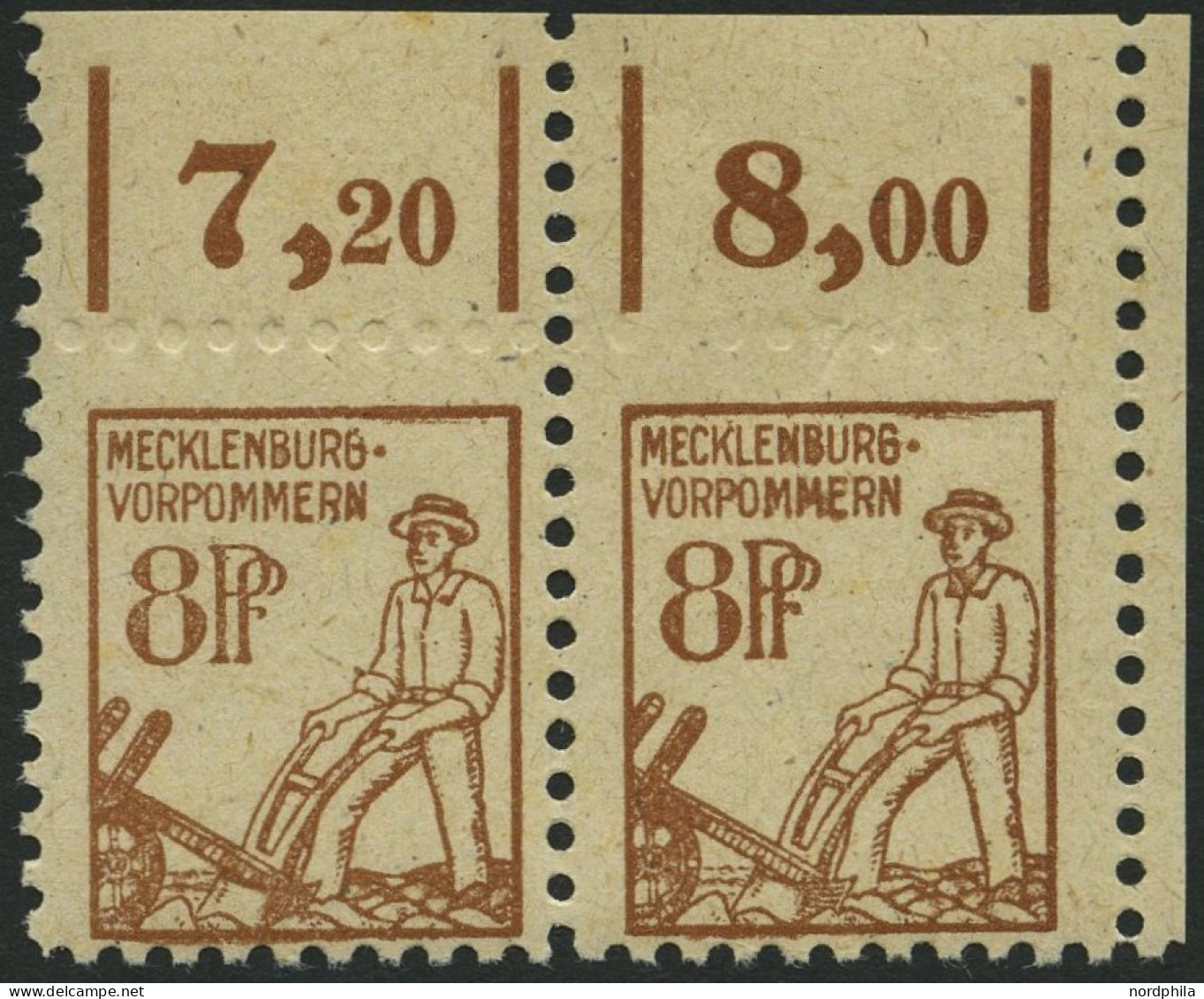 MECKLENBURG-VORPOMMERN 15a Paar , 1945, 8 Pf. Mittelsiena Im Waagerechten Paar Aus Der Rechten Oberen Bogenecke, Oberran - Autres & Non Classés