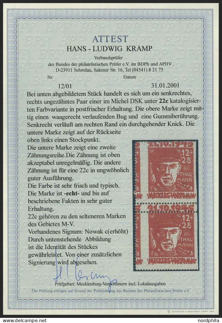 MECKLENBURG-VORPOMMERN 22cUr , 1945, 12 Pf. Dunkelrot Faschismus, Rechts Ungezähnt, Feinst (leichte Bugspur Und Senkrech - Other & Unclassified