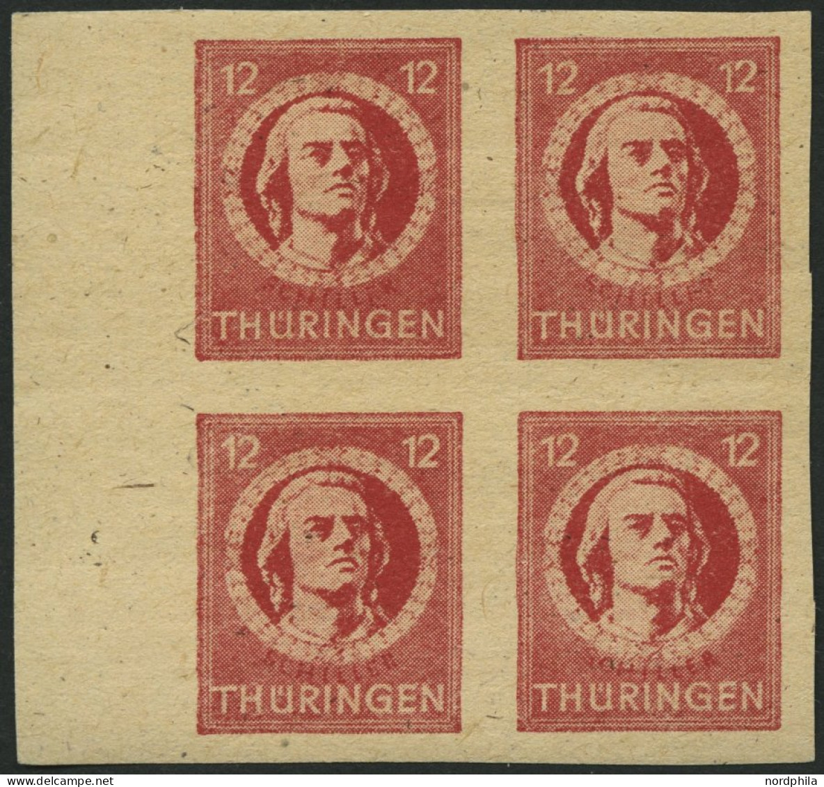 THÜRINGEN 97AXaqU VB , 1945, 12 Pf. Karminrot, Vollgummierung, Ungezähnt, Im Randviererblock, Pracht, Gepr. Herpichböhm, - Autres & Non Classés