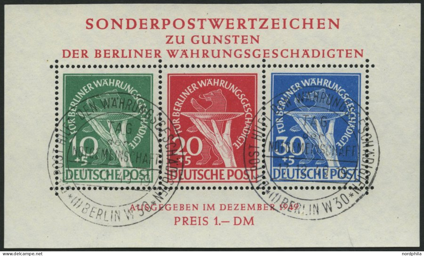 BERLIN Bl. 1II O, 1949, Block Währungsgeschädigte, Beide Abarten, Ersttagssonderstempel, Pracht, Gepr. Schlegel, Mi. (35 - Blocks & Sheetlets