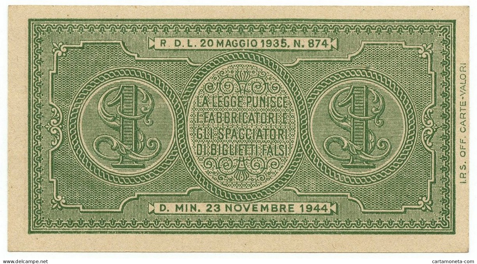 1 LIRA BIGLIETTO DI STATO LUOGOTENENZA UMBERTO VENTURA 23/11/1944 FDS - Andere