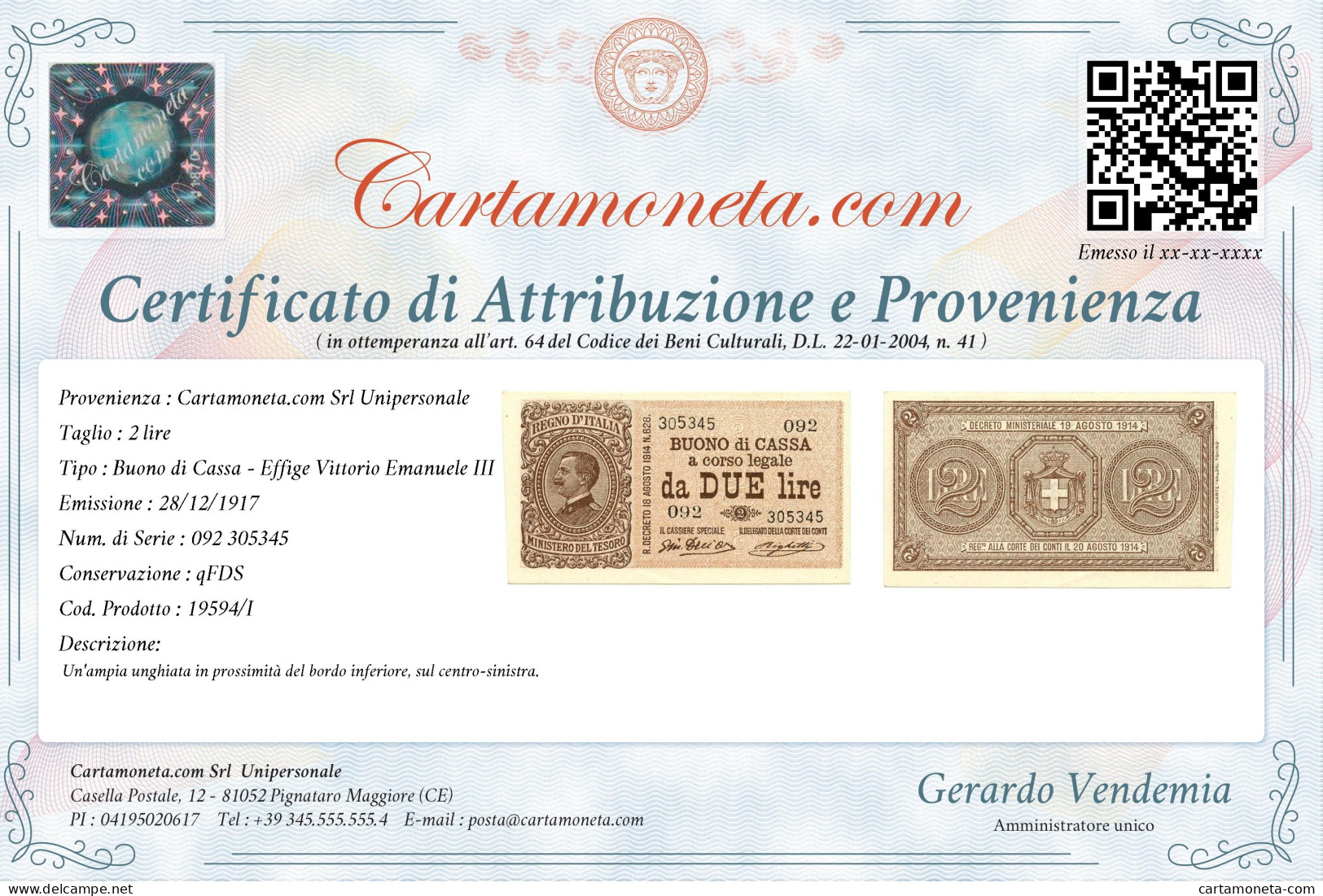 2 LIRE BUONO DI CASSA EFFIGE VITTORIO EMANUELE III 28/12/1917 QFDS - Regno D'Italia – Other