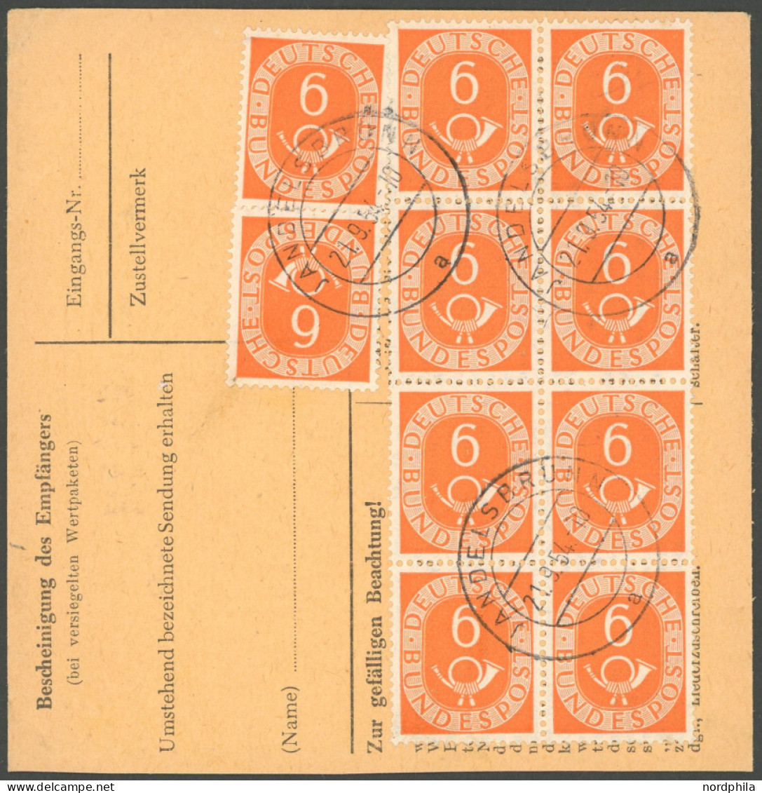 BUNDESREPUBLIK 126 BRIEF, 1954, 6 Pf. Posthorn Im Achterblock Rückseitig Auf Paketkarte Mit Zusatzfrankatur Aus JANDELSB - Other & Unclassified