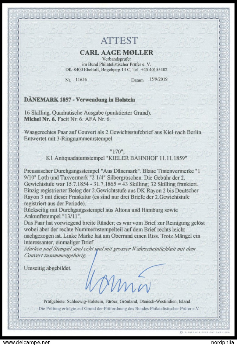 DÄNEMARK 6 Paar BRIEF, 1859, 16 S. Grauviolett Im Paar Auf Brief Mit Nummernstempel 170 (KIELER BAHNHOF) Und Preußischer - Autres & Non Classés