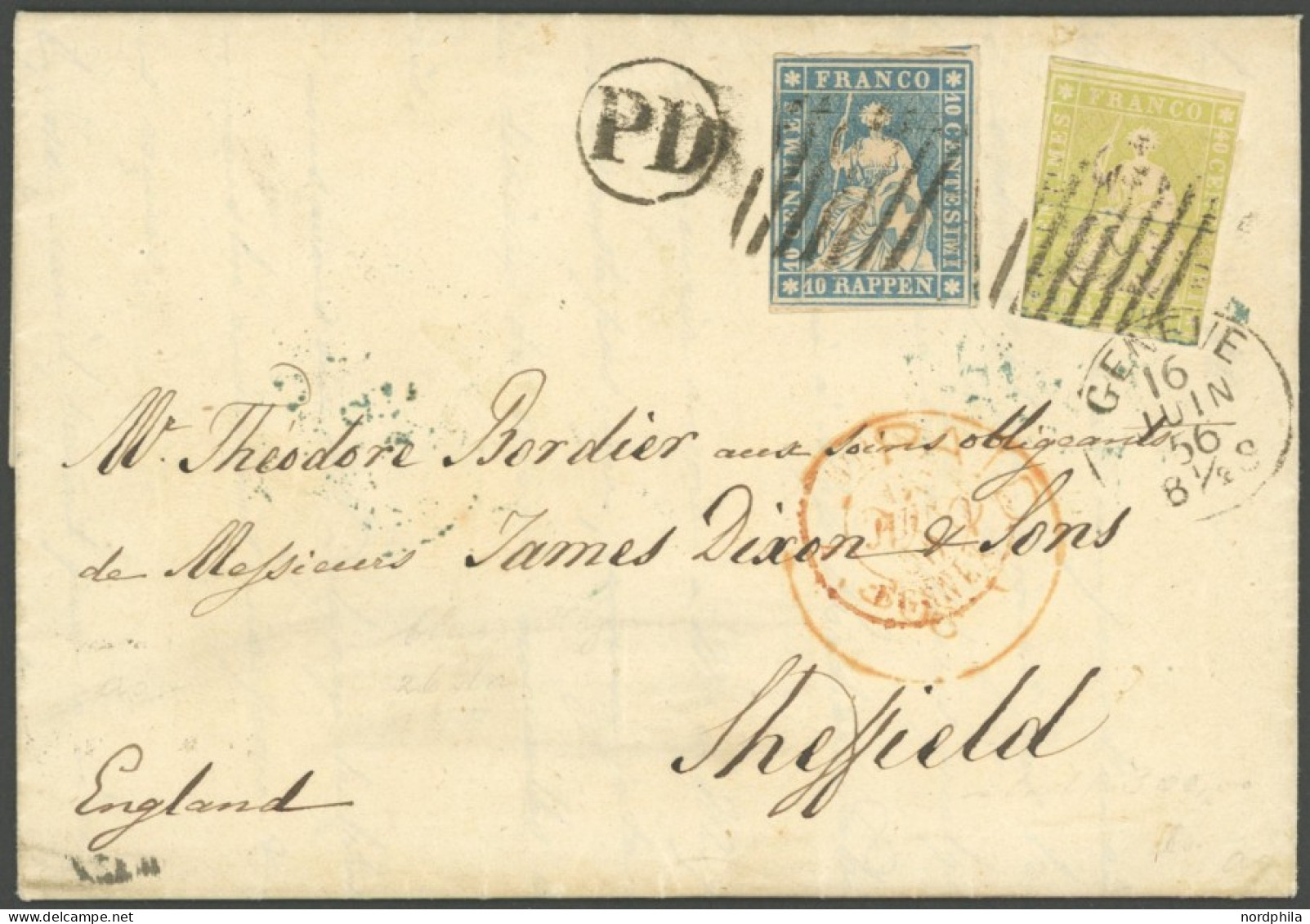 SCHWEIZ BUNDESPOST 17Ia,14IIAym BRIEF, 1856, 40 Rp. Mittelgelboliv, 1. Münchner Druck, (Zst. 26Aa), Mit 10 Rp. Blau, Ber - Other & Unclassified