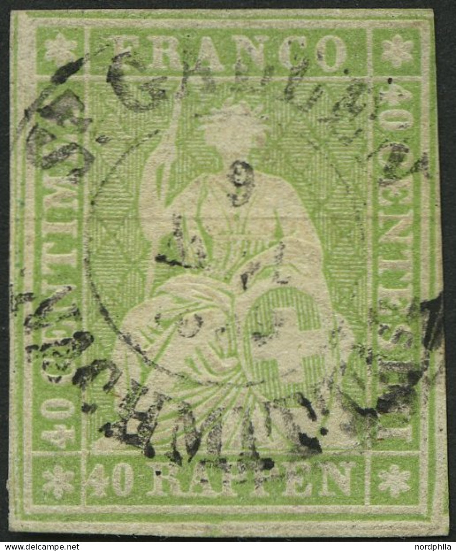 SCHWEIZ BUNDESPOST 17IIAyr O, 1855, 40 Rp. Gelblichgrün, Braunroter Seidenfaden, Berner Druck II, (Zst. 26Cb), K2 ST. GA - Usados