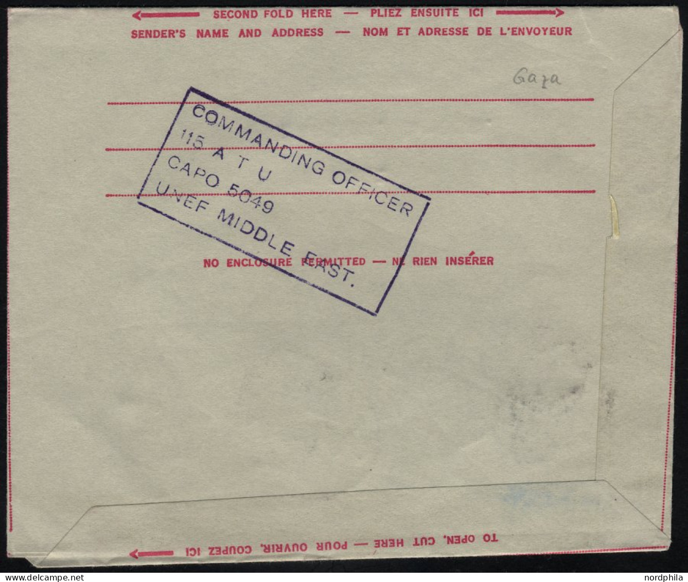 KANADA 294 BRIEF, 1962, 5 C. Hellblau Mit K1 CFPO-35 Auf Feldpost-Aerogramm Der UNEF MIDDLE EAST-Truppen Aus Gaza, Prach - Briefe U. Dokumente