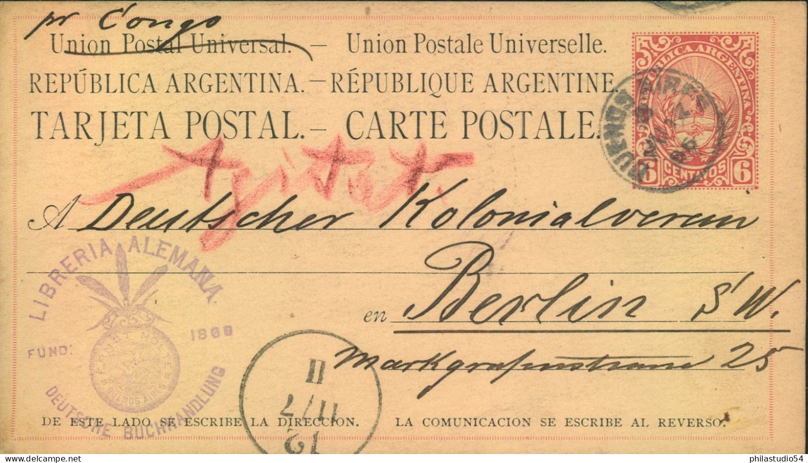 1886, 6 C. Stationery Card From BUENOS AIRES "via Cono" To Berlin. - Covers & Documents