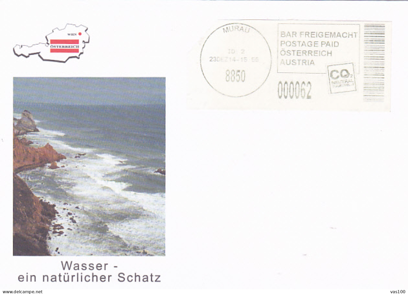 WATER- NATURAL TREASURE, SEASCAPE, POSTAGE PAID SPECIAL COVER, 2014, AUSTRIA - Lettres & Documents