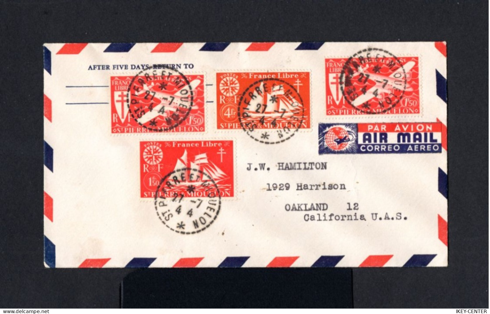 S3319-SAINT PIERRE Et MIQUELON-AIRMAIL COVER SPM To OAKLAND (usa) 1944.WWII.FRENCH COLONIES.Enveloppe AERIEN - Lettres & Documents