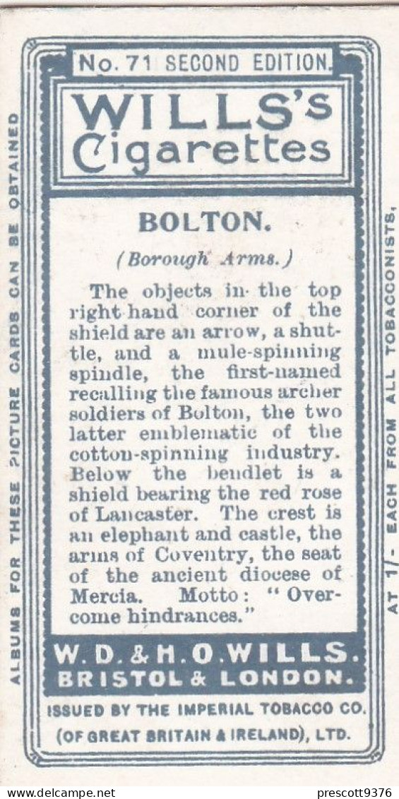 71 Bolton  - Borough Arms 1906 - Wills Cigarette Card - Original  - Antique - Wills