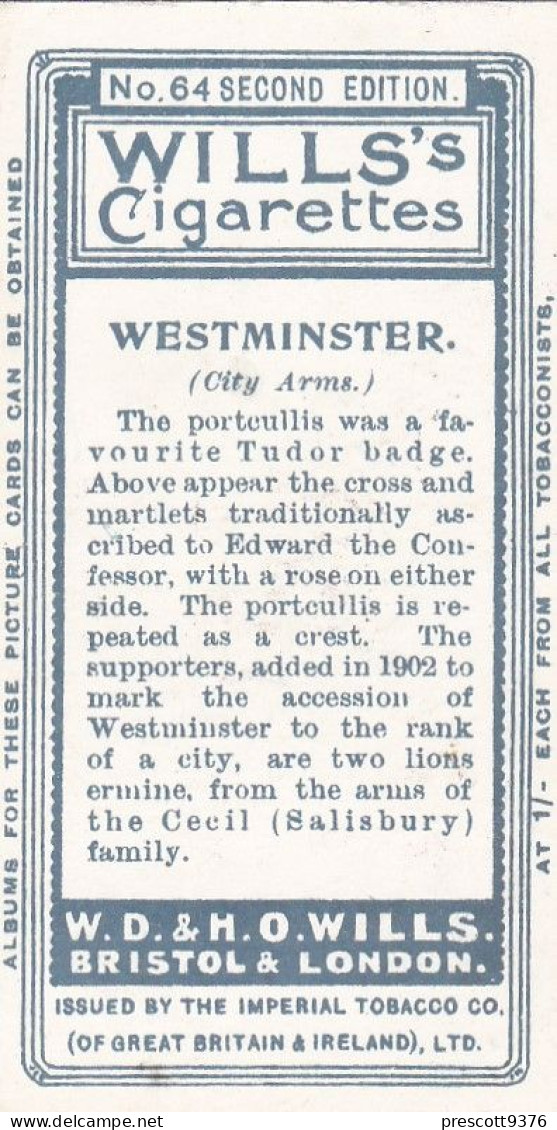 64 Westminster  - Borough Arms 1906 - Wills Cigarette Card - Original  - Antique - Wills