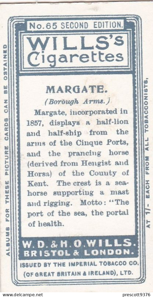 65 Margate - Borough Arms 1906 - Wills Cigarette Card - Original  - Antique - Wills