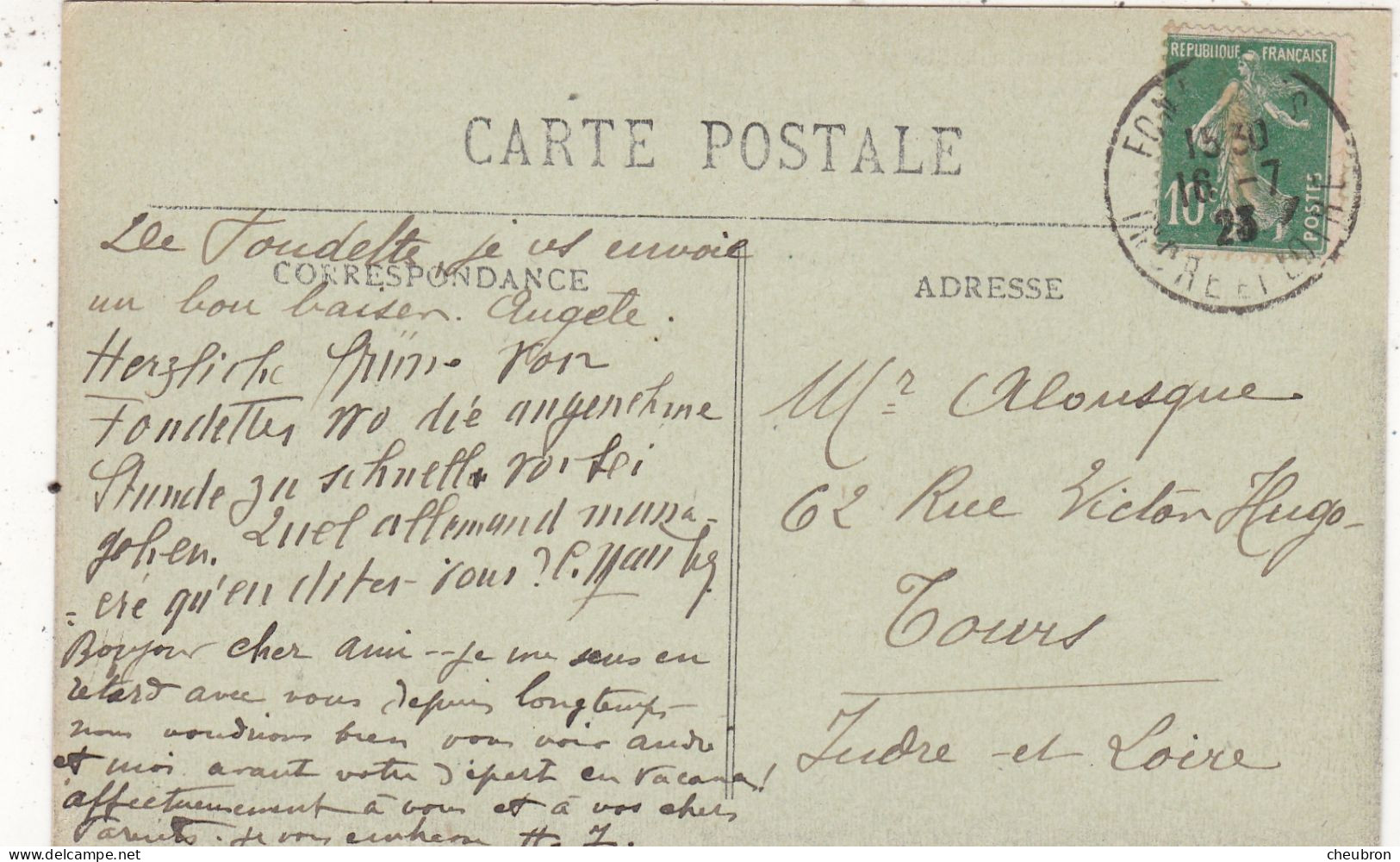 37. FONDETTES.  CPA. CHATEAU DE CHATIGNY COTE SUD EST. ANNEE 1923 + TEXTE - Fondettes