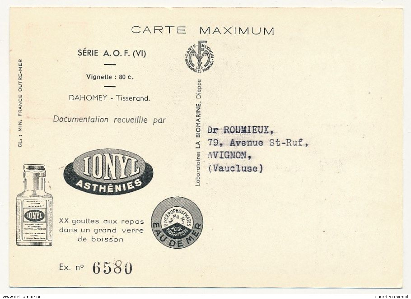 AOF => Carte Maximum Publicitaire IONYL - Dahomey - Tisserand - DAKAR 1952 - Lettres & Documents