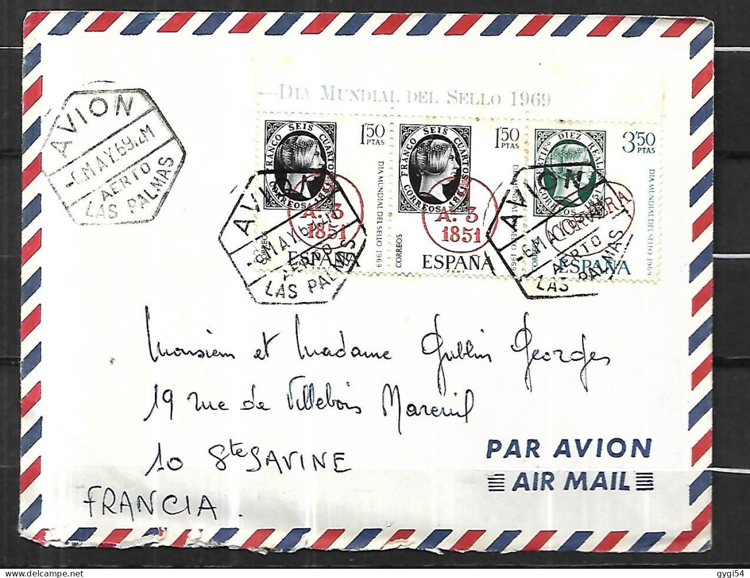 ESPAGNE Lettre Par Avion Du 06 05  1969 De LAS PALMAS Pour STE - SAVINE ( France ) - Autres & Non Classés