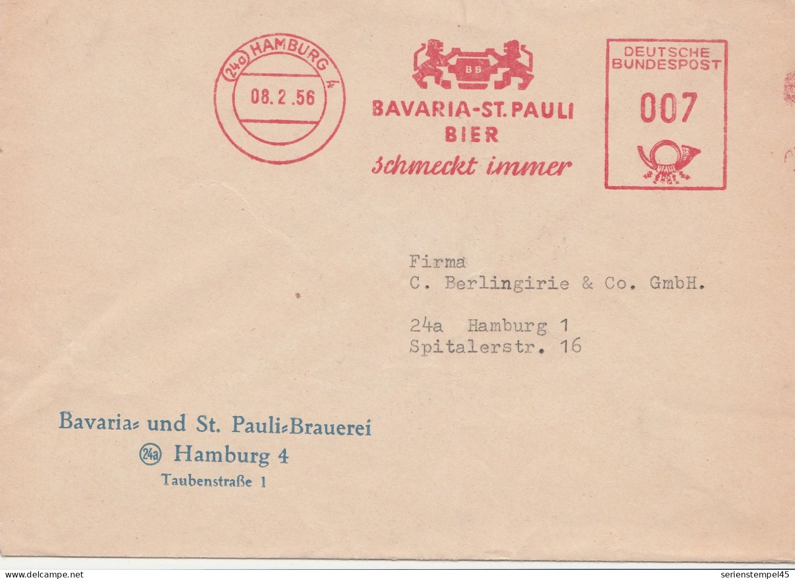 Motive Getränke Biere Brief Mit Freistempel Hamburg 1956 Bavaria St Pauli Bier Schmeckt Immer - Biere