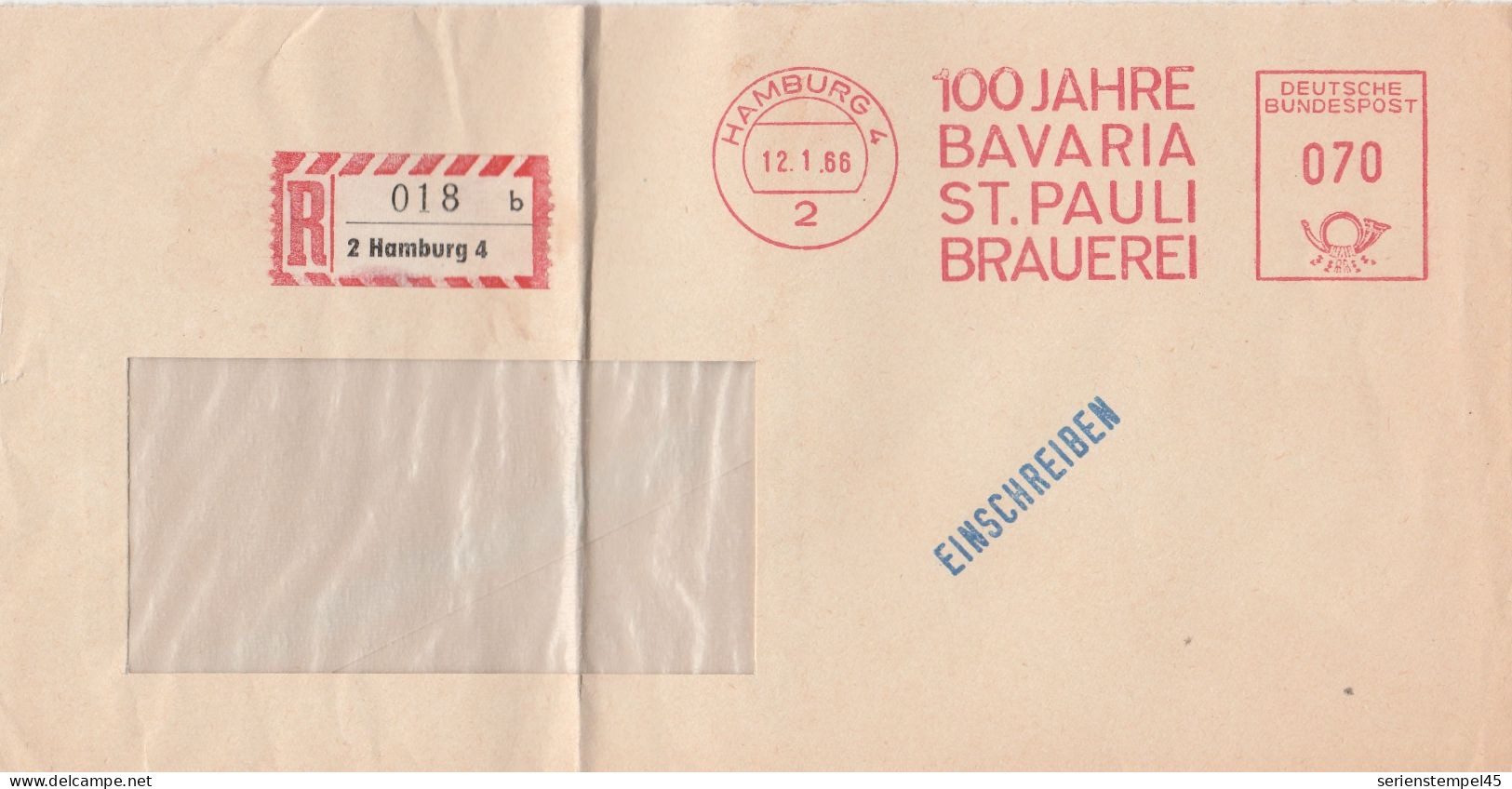 Motive Getränke Biere Brief Mit Freistempel Hamburg 1966 100 Jahre Bavaria St Pauli Bierei Einschreiben - Biere