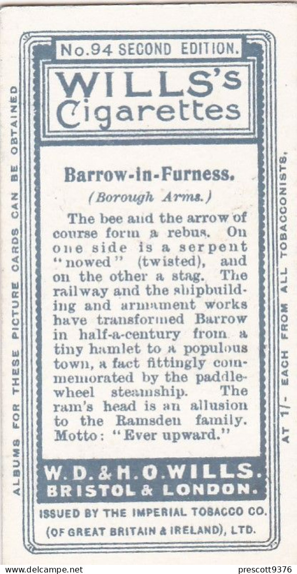 94 Barrow  - Borough Arms 1906 - Wills Cigarette Card - Original  - Antique - Wills