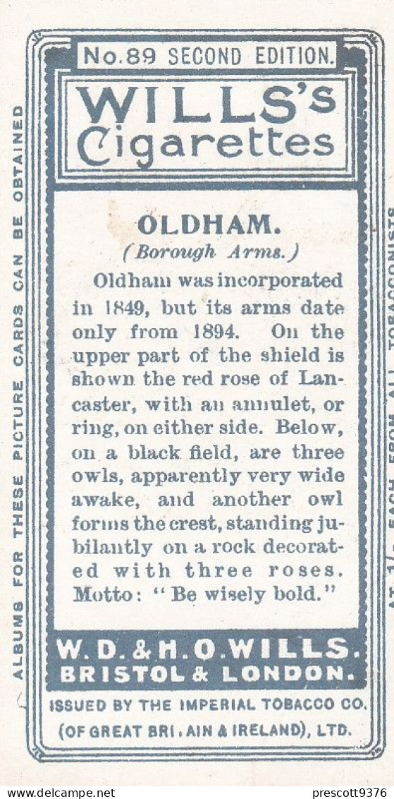 89 Oldham  - Borough Arms 1906 - Wills Cigarette Card - Original  - Antique - Wills