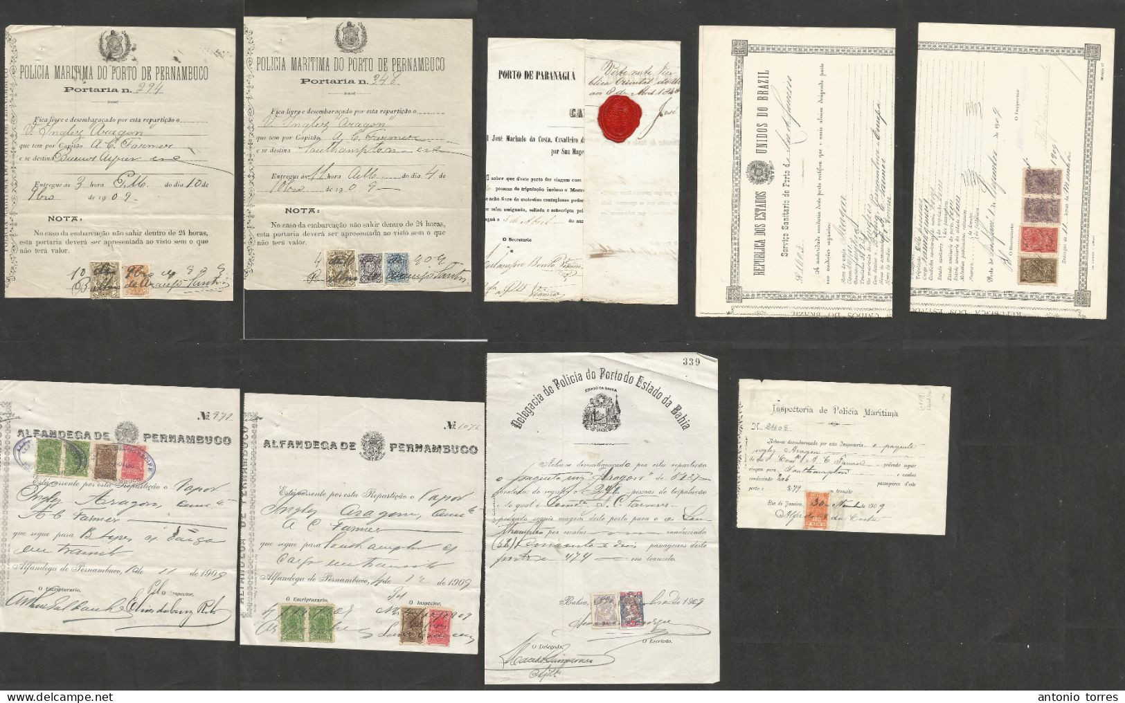 Brazil. 1848 - 1909. 8 Diff Internal Port Maritime Health Documents, Many With Fiscal Stamps Added. Ports Rio, Paranagua - Autres & Non Classés