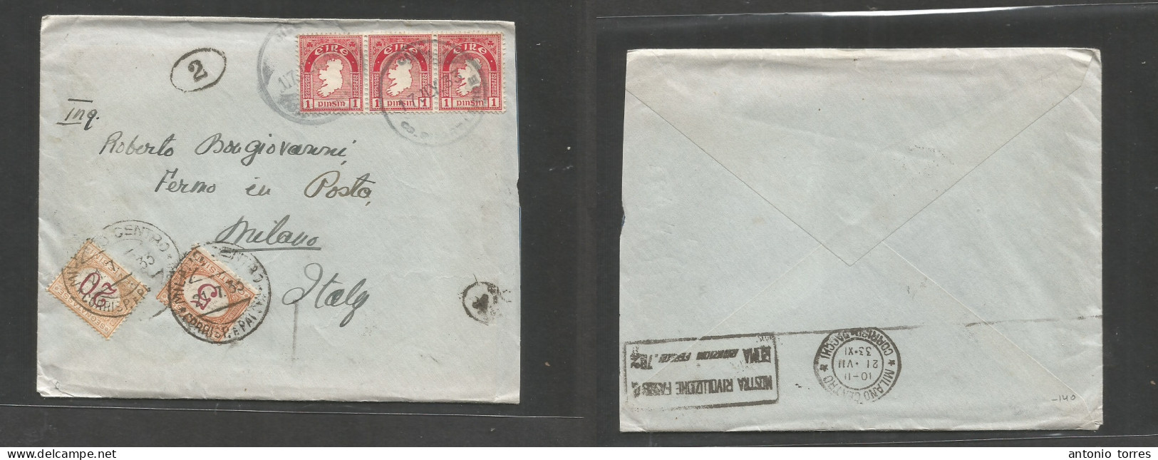 Eire. 1933 (17 July) Gill, Co Phort Lairge - Italy, Milano (21 July) Multifkd Env At 3d Rate, Poste Restante / Fermo In - Used Stamps