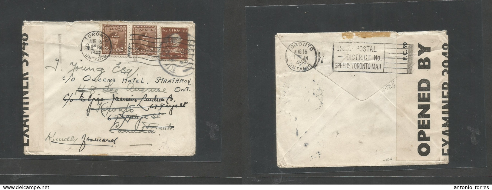 Eire. 1944 (24 July) Tui - Canada, Toronto. Fkd Depart 2 1/2d Brown Fkd Envelope + Fwded At Destination Locally With New - Used Stamps