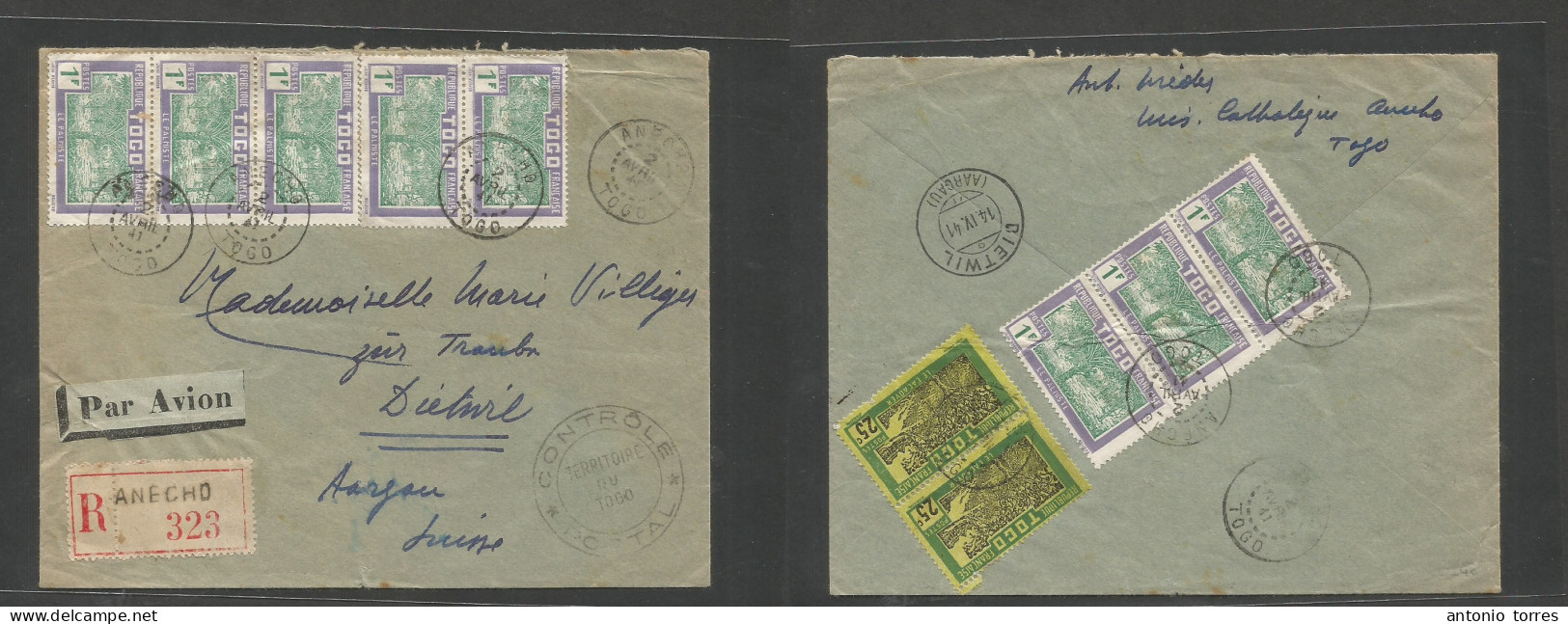 Frc - Togo. 1941 (2 Apr) Anecho - Switzerland, Aargau (14 Apr) Registered Multifkd Airmail Front And Reverse WWII Censor - Other & Unclassified