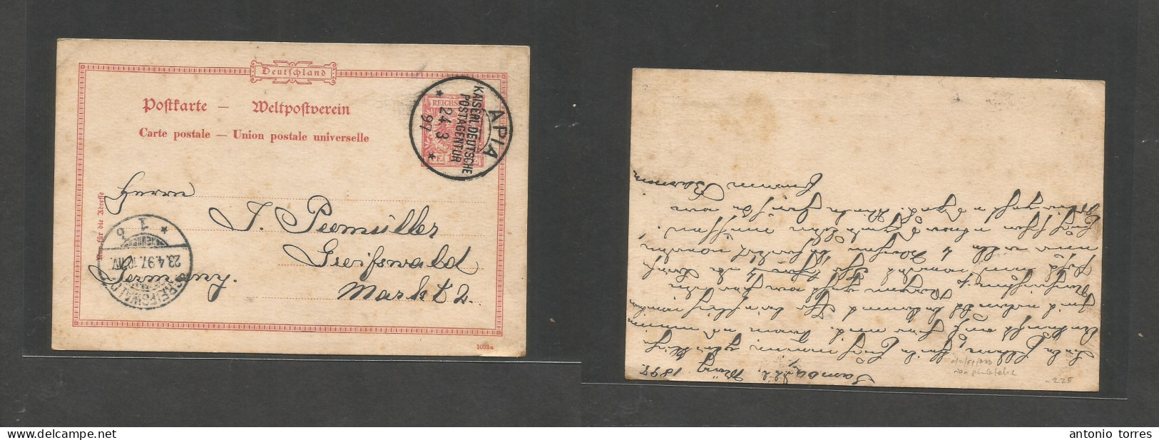 German Col-Samoa. 1898 (22 March) Apia - Germany, Greifswald (23 Apr) Precurses. 10pf Green Stat And Cancelled Cds On Th - Other & Unclassified