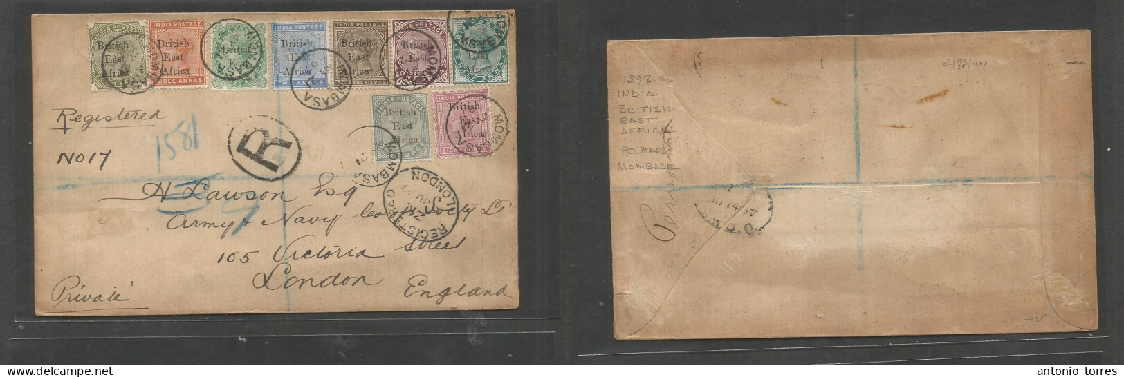 Bc - East Africa. 1897 (21 May) Mombasa - London, England (14 June) Registered Multifkd Env QV Ovptd (x9) Diff Values In - Other & Unclassified