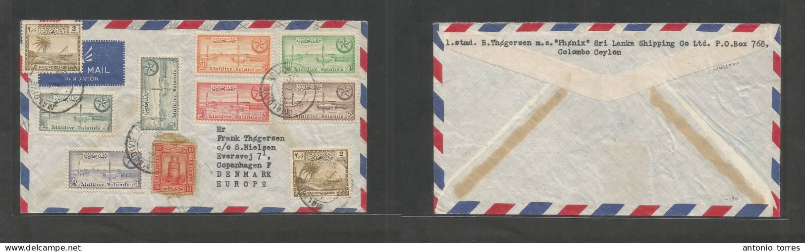 Bc - Maldives. 1958 (1 Jan) GPO - Denmark, Cph. Air Multifkd Env. Very Scarce Issue On Cover. - Other & Unclassified