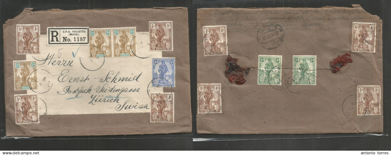 Bc - Malta. 1923 (23 March) GPO Valetta - Switzerland, Zurich (27 March) Registered Multifkd + Two Red Wax Seals Envelop - Other & Unclassified