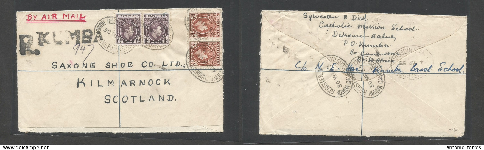 Bc - Nigeria. 1953 (30 March) Cameroons, Kumba - Kilmarnock, Scotland. Registered Air Multifkd Envelope At 15d Rate, Tie - Other & Unclassified