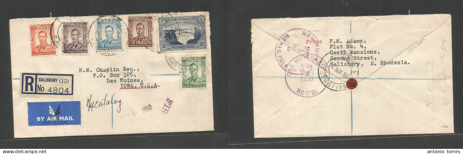 Bc - Rhodesia. 1950 (26 Apr) SR. Salisbury - USA, Iowa, Res Moines. Registered Air Multifkd Env Incl Waterfall Issue, Ti - Autres & Non Classés