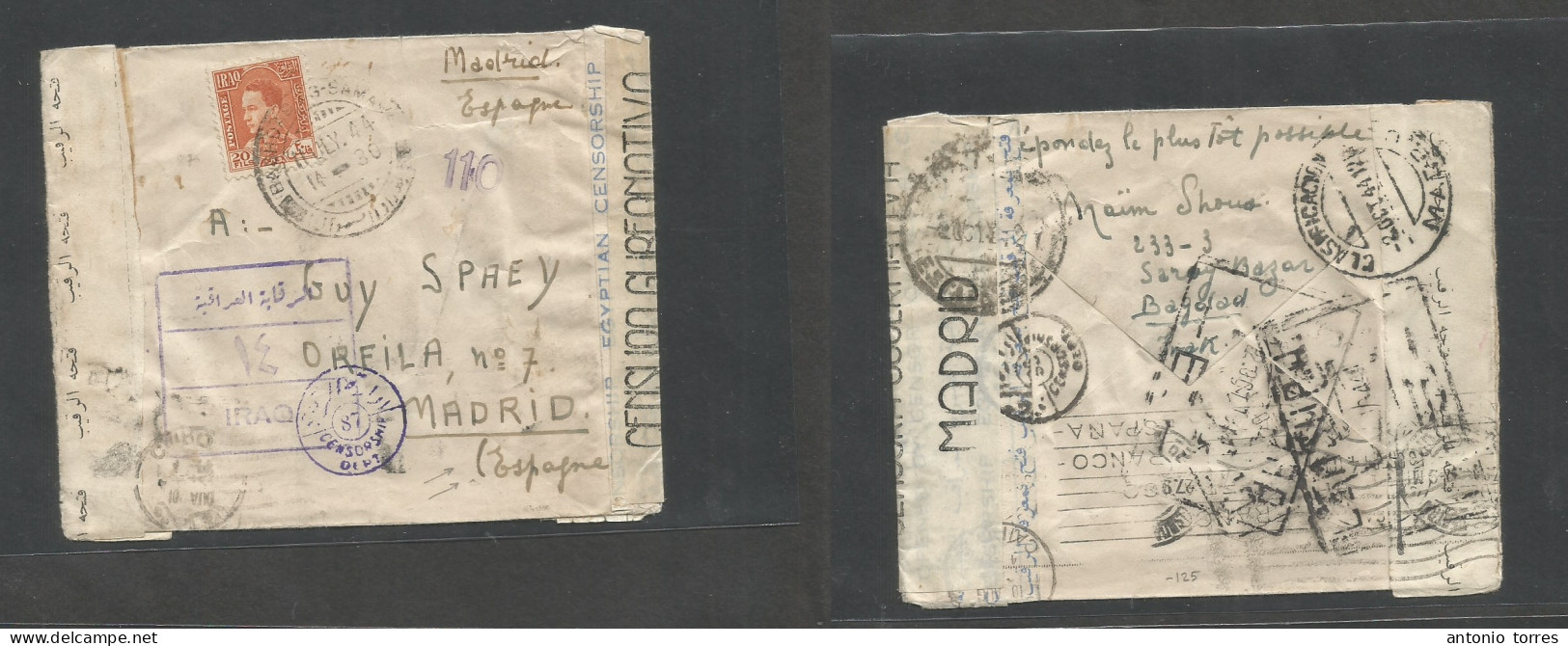 Iraq. 1944 (11 July) Baghdad - Spain, Madrid (2 Oct) Triple Censored Label 17d Env + Via Cairo, Reverse And Front Censor - Iraq