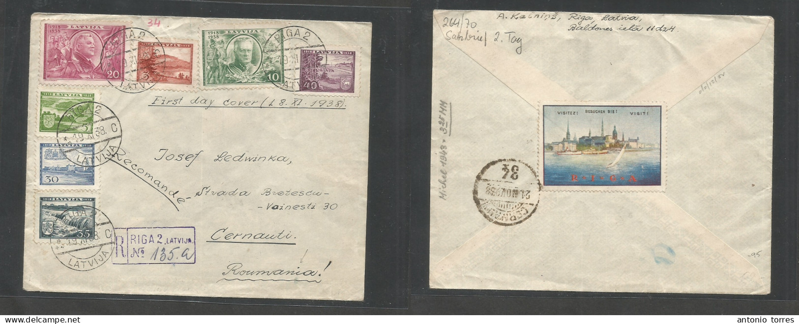 Latvia. 1938 (19 Nov) Riga 2 - Romania, Cernauti (21 Nov) Registered Multifkd Envelope 7 Diff Values On Cover, Arrival C - Lettland