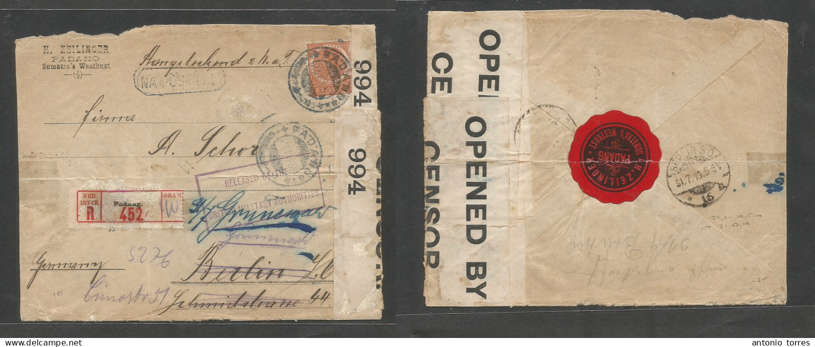 Dutch Indies. 1915 (24 Dec) WWI Padang - Berlin, Germany (31 July) Registered Single Fkd, British Censor And Hold During - Niederländisch-Indien