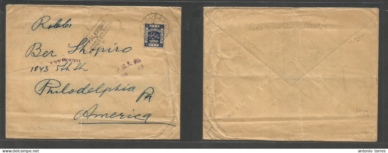 Palestine. 1919 (10 June) CETA. EEF Military. Single 1p Lila Fkd Envelope To USA, Philadelphia, PA With Depart Censor Bo - Palestine