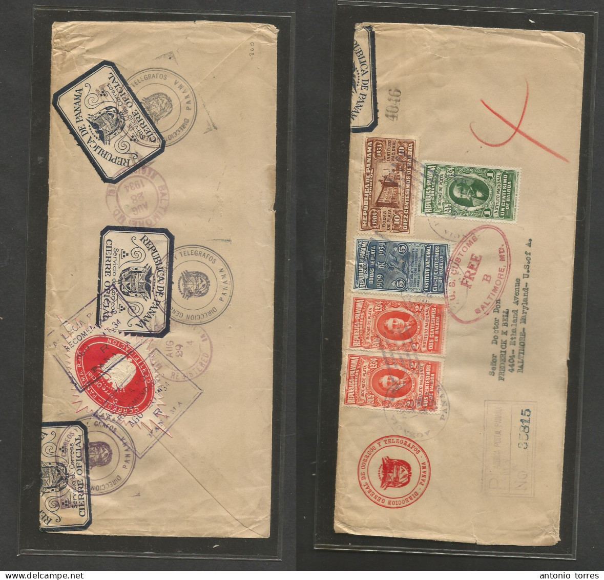 Panama. 1934 (Aug 20) GPO - USA, Baltimore, Md (28 Aug) Registered Po Official Multifkd Env, Bodas De Plata Issue, Rever - Panama