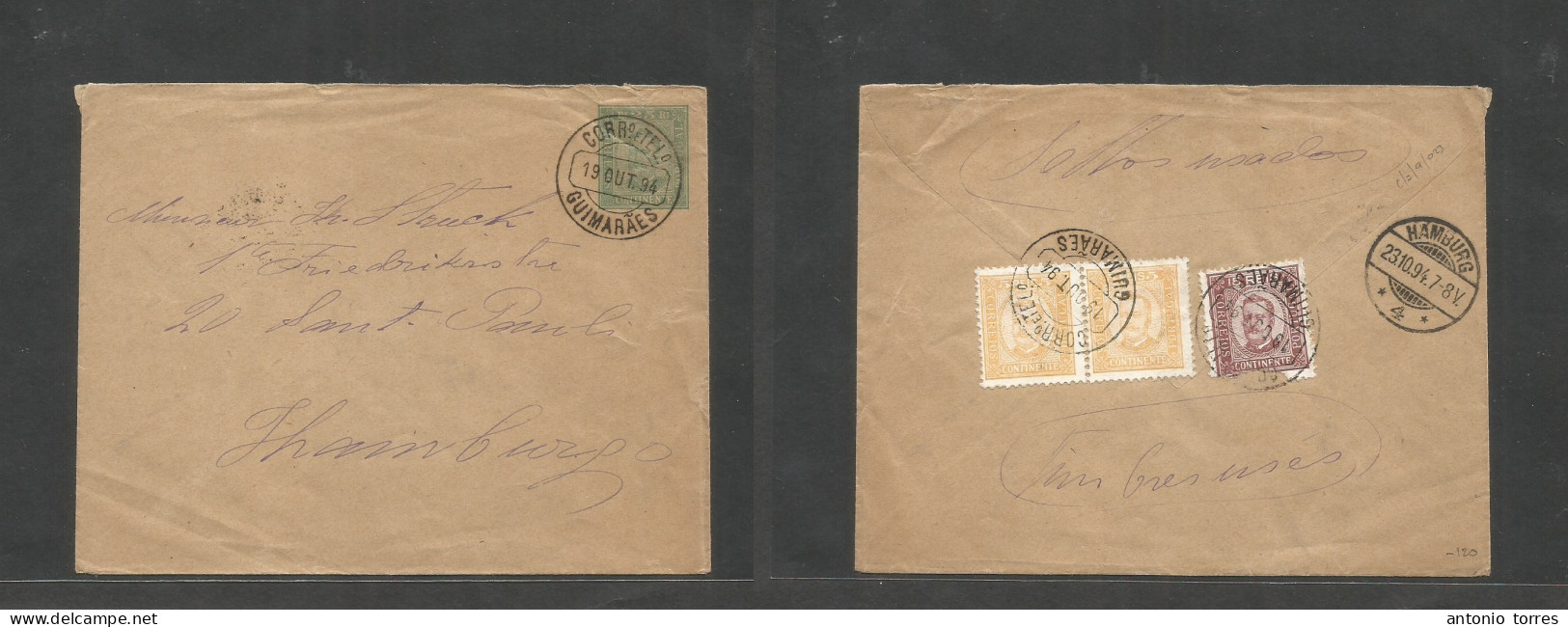 Portugal -Stationary. 1894 (19 Aug) Guimaraes - Germany, Hamburg (23 Oct) Multifkd Front And Reverse 25rs Green Stat Env - Sonstige & Ohne Zuordnung