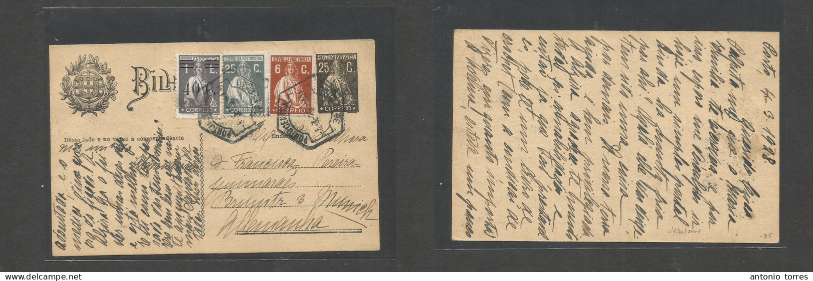 Portugal - Stationery. 1928 (4 March) Porto - Germany, Munich 25c Black Ceres Stat Card + 3 Adtls Incl Ovptd At 96c Rate - Sonstige & Ohne Zuordnung