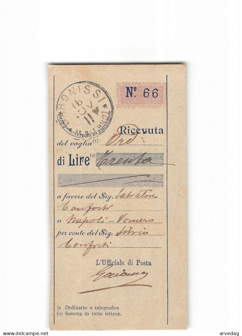 X1291  RICEVUTA VAGLIA BARONISSI X NAPOLI VOMERO 1911 - Tax On Money Orders