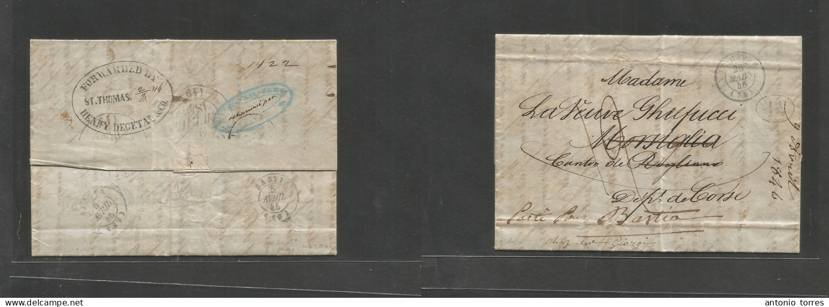 Puerto Rico. 1846 (24 Febr) Guayama - Corcega, Bastia (5 Apr) Carta Completa Con Texto, Encaminada En San Juan De Puerto - Puerto Rico